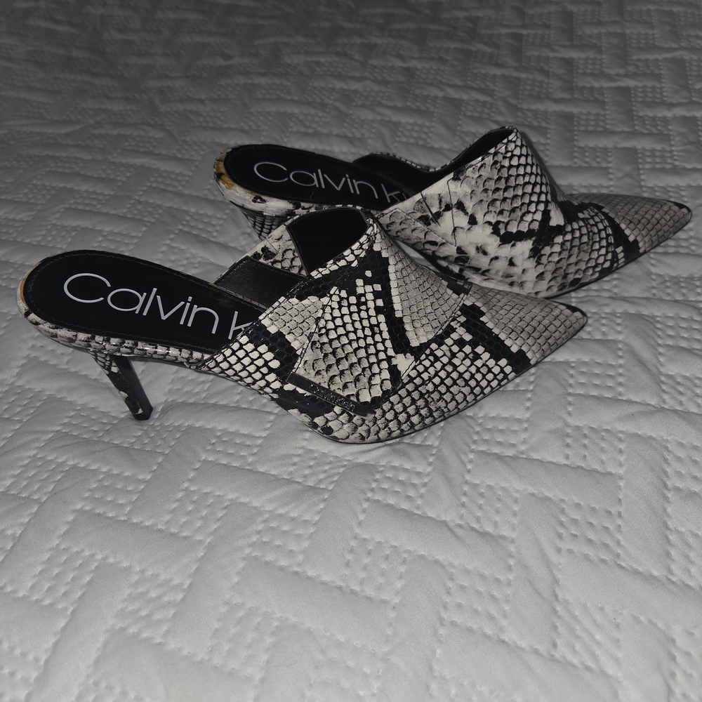 Calvin Klein Women's Snakeskin Mules - Black and White